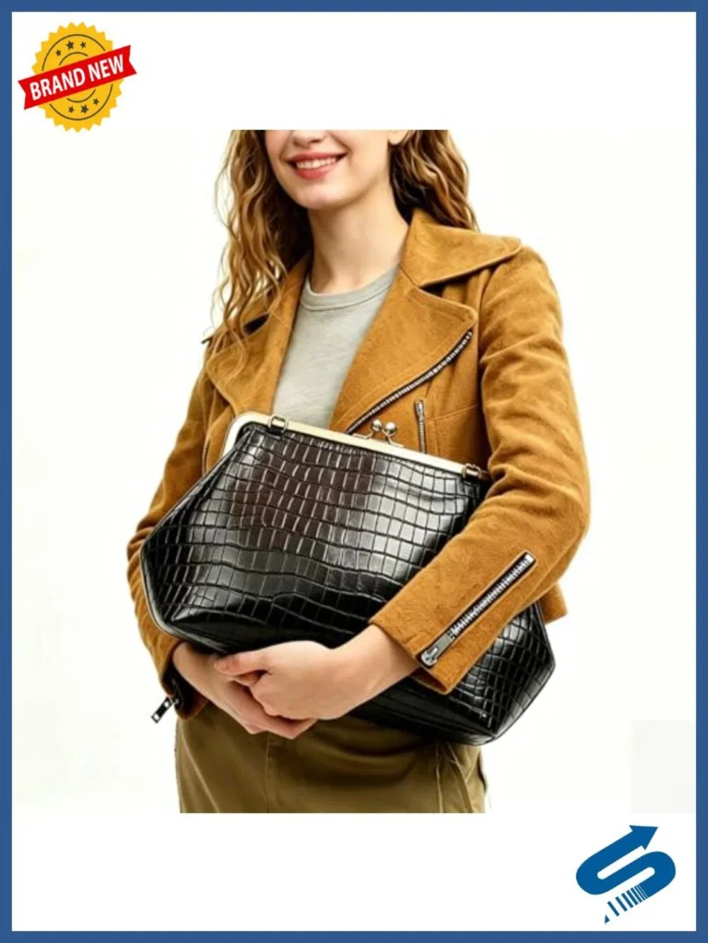 Vintage Crocodile Embossed Faux Leather Kiss Lock Tote Handbag Shoulder Bag